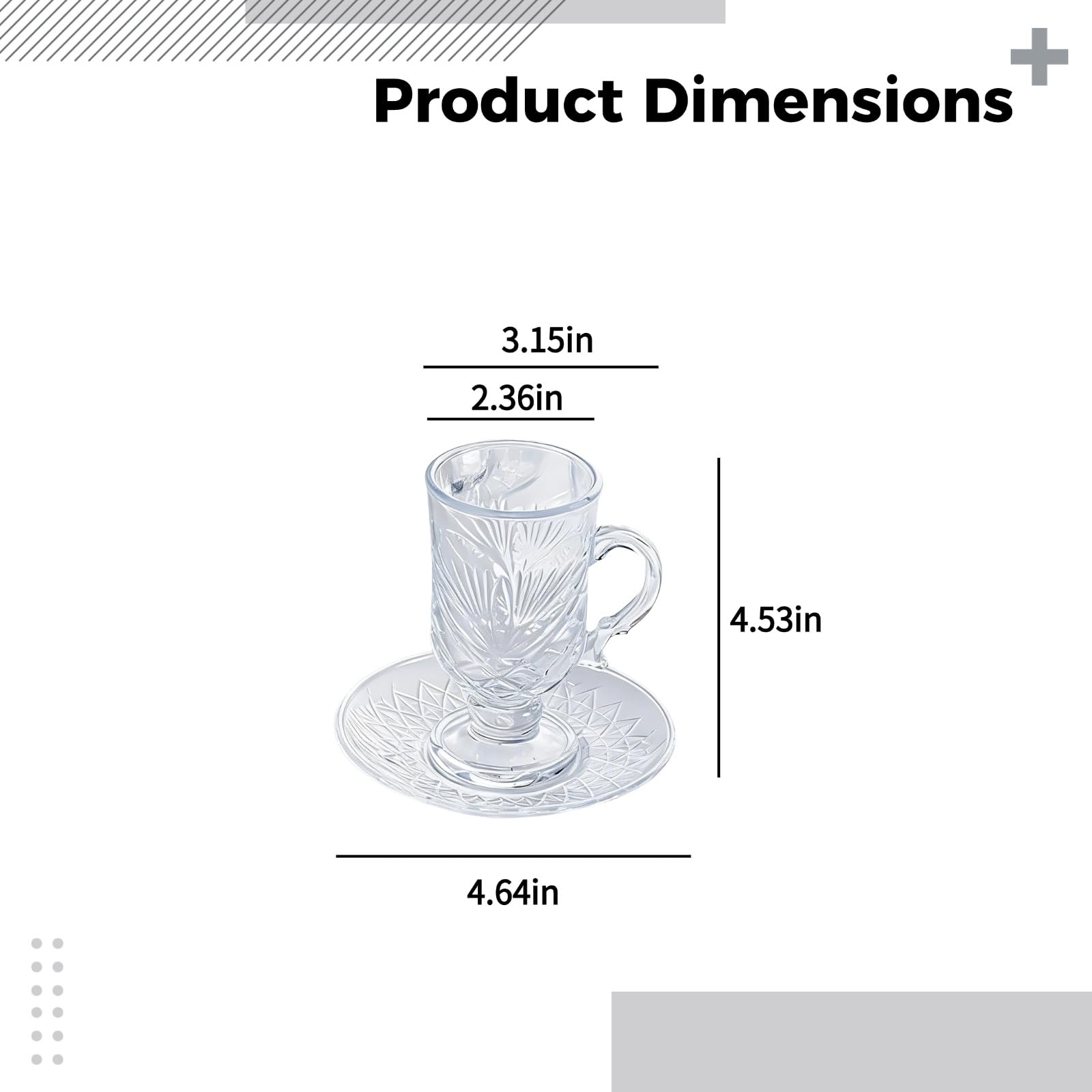 6 Stk. Kristallglas Tee- und Untertassenset, Lattegläser im Diamantdesign, elegante Fußbecher im europäischen Stil mit Griff, hitzebeständig, für Kaffee, Saft, Hochzeit, Party