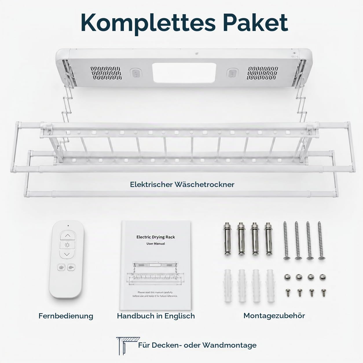Elektrischer Wäscheständer Deckenmontage Mit Fernbedienung und LED-Licht,Verstellbare Länge und Höhe Wand und Decken Wäscheständer,Für Familien, Balkone, Wohnungen (Weiß)