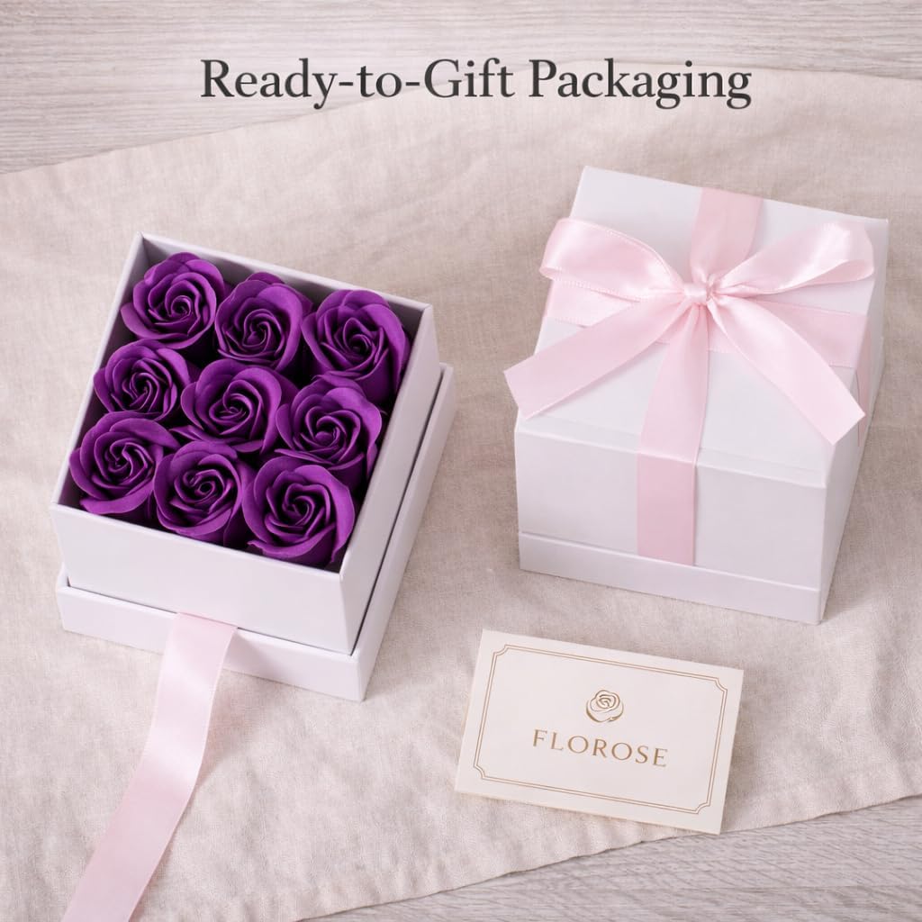 Soap Flower Gift Box, 9 PCS Purple Rose Bouquet with Elegant Gift Box, Long Lasting Artificial Roses, Romantic Gift for Women, Mom, Wife, Birthday, Valentine’s Day, Anniversary