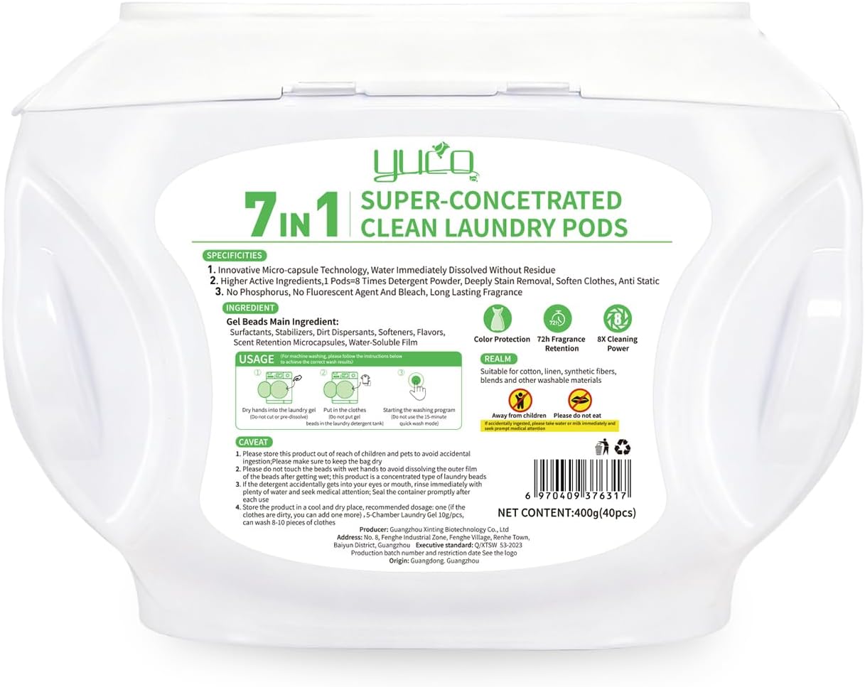 YUCO Laundry Pods Detergent 7-in-1 Super Cleaning PowerHypoallergenic & Ultra Concentrated Laundry Liquid Pods HE Compatible Washing Detergent with Long-Lasting Mixed Floral Fragrance 32 Loads