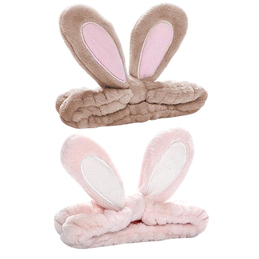 Diadema Maquillaje, 2 Piezas Felpa Cinta Pelo Maquillaje Orejas de Conejo Gato Mujer Niña, Turbante Diadema Toalla Maquillaje Limpieza Facial Spa Lavado Ducha Lavarse la Cara(Rosa + Caqui)