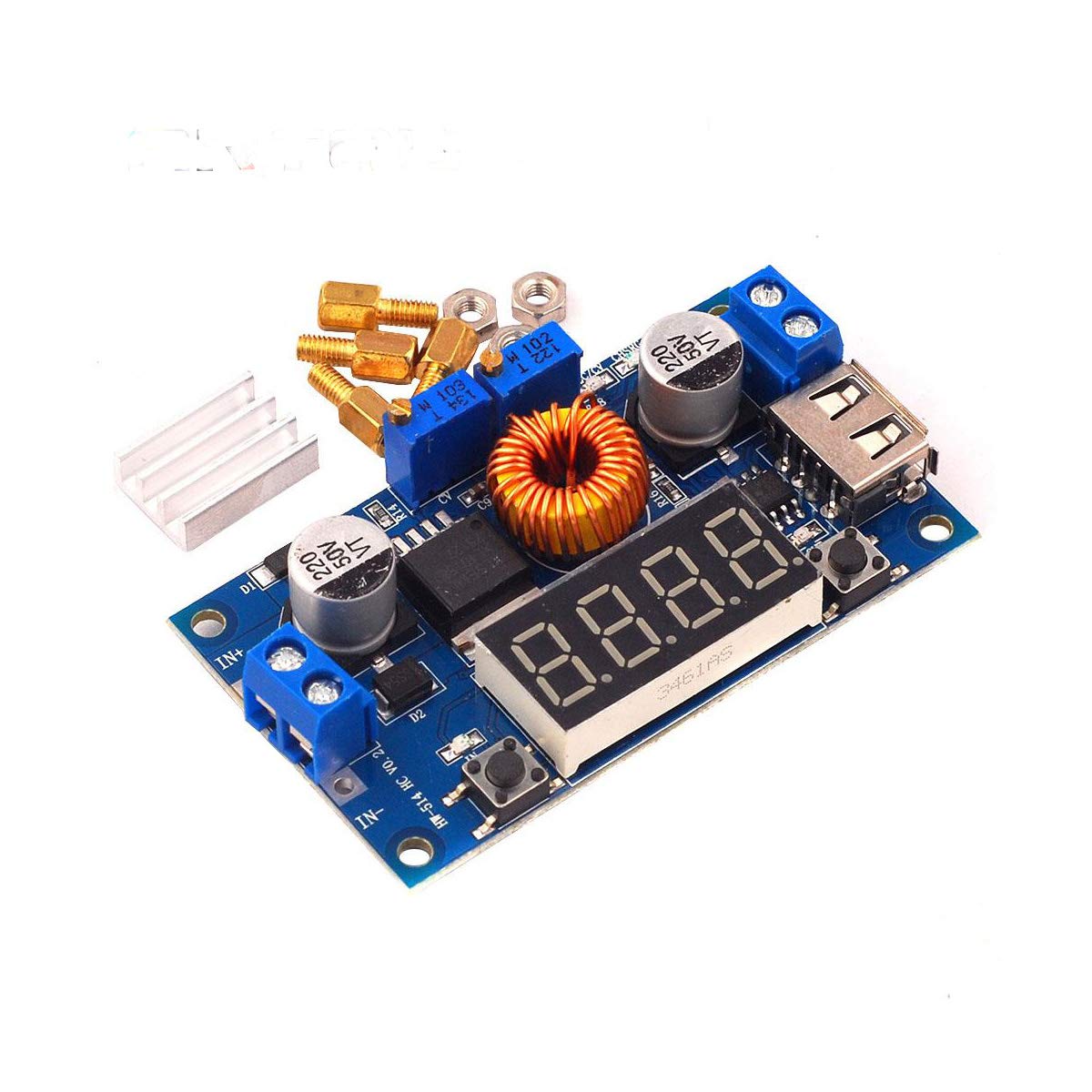 Envistia XL4015 DC-DC Buck Converter module with digital display, potentiometers, input/output terminals, and included mounting hardware.