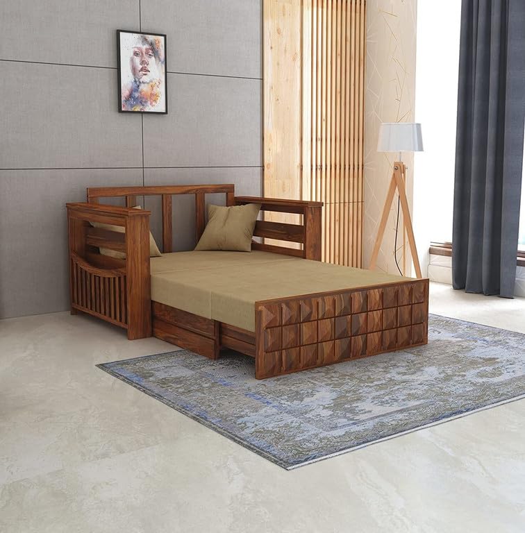 Image of Solid Sheesham Wood Sofa Cum Bed 2 Seater | Wooden Foldable Double Bed for Living Room with Headboard & Storage | Bed Cum Sofa with Mattress for Home | Diamond Design (Honey Finish)