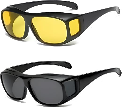 HD Vision Driving Glasses, 2 Pack, Anti-Glare Polarised Sunglasses, Yellow and Black Daytime Lens, Fits over Prescription ...