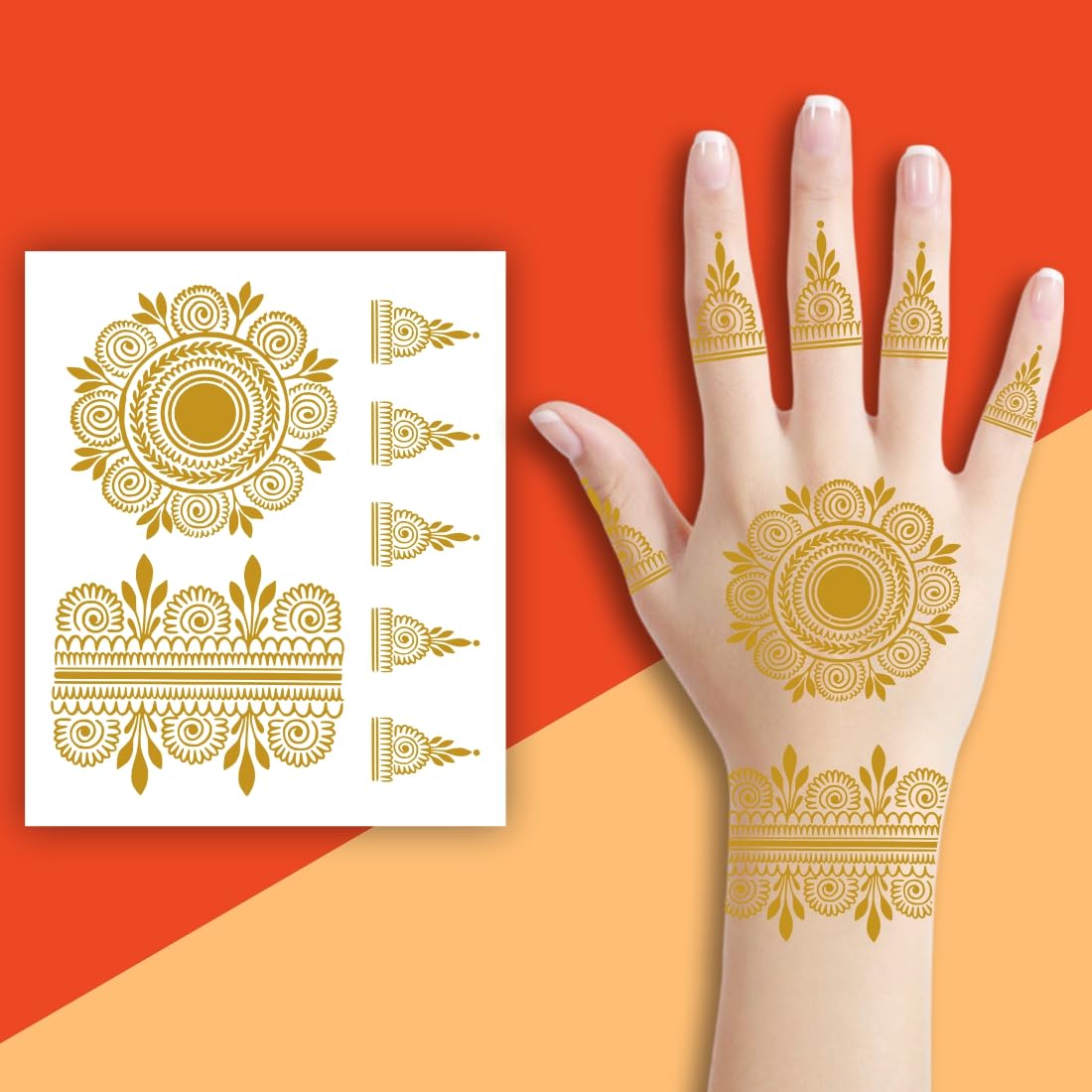 ORDERSHOCK Elegant Floral Circle Flower with Bracelet Golden Color Mehndi Design for Single Hand, Simple Mehndi Sticker for Girls & Women-image-46