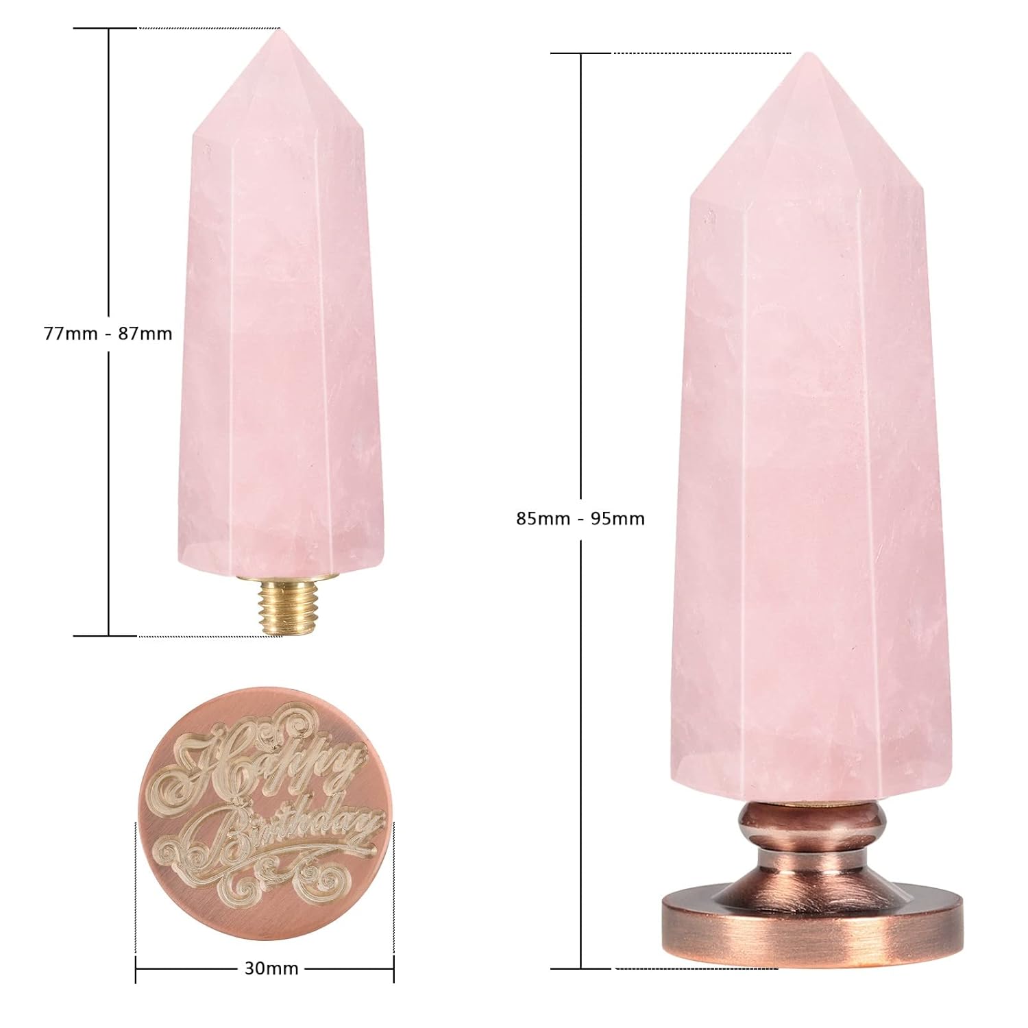Amogeeli Faceted Rose Quartz Wax Seal Stamp for Crafts Envelope Wedding Invitations Gift Wrapping, Prism Crystal Point Stamp Handle with Removable Copper Stamp, Happy Birthday