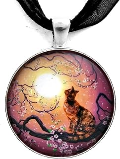Tortoiseshell Cat in Cherry Blossoms Handmade Art Pendant
