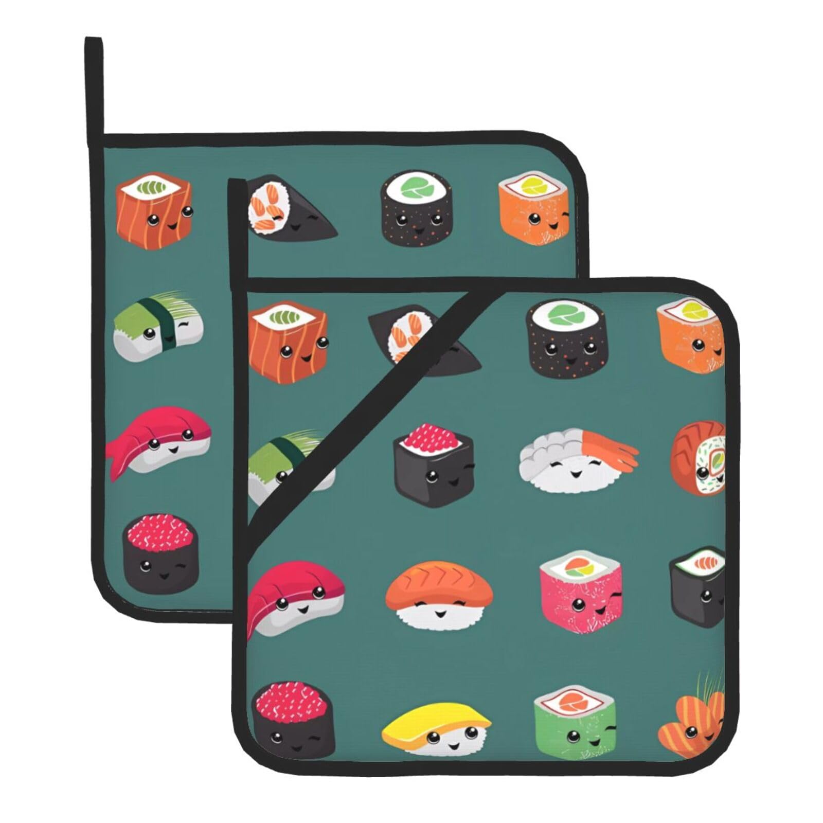 YYHWHJDE Sushi Prints Square Hot Pads for Kitchen Counter - Waterproof Trivets with Hanging Loop, Heat Resistant Pot Covers for Dinning Table, Oven & BBQ - 2 Pack