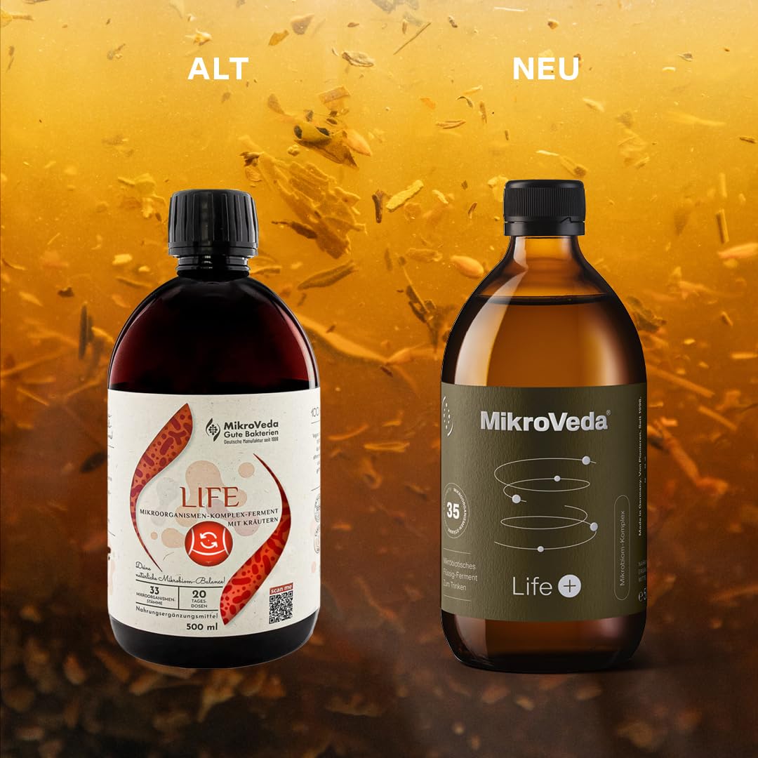 MikroVeda Life+ Bio Enzymfermentgetränk 1l, 35 Bakterienstämme, 20 fermentierte Kräuter & Pflanzen, super-aktiviert, hoch zellverfügbar, bioverfügbar, vegan, roh, Deutscher zertifizierter Hersteller
