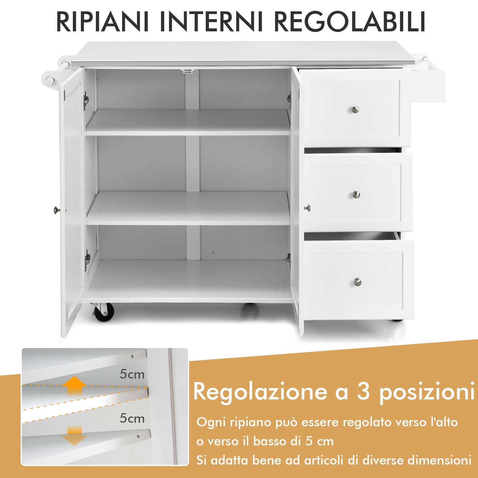 COSTWAY Carrello da Cucina, Isola da Cucina con Piano in Acciaio Inox, Armadietto a 2 Ante e 3 Cassetti, Ripiani Regolabili e Portasciugamani e Portaspezie, 135x45,5x 91,5 cm (Bianco)
