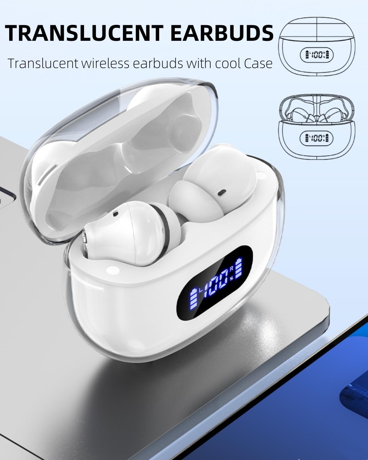 Translucent Wireless Earbuds with Cool Case, Bluetooth Headphones Clear Call, IPX7 Waterproof Ear Buds Wireless Earphones, 30H Long Playtime Compatible with Samsung TV Phone Android