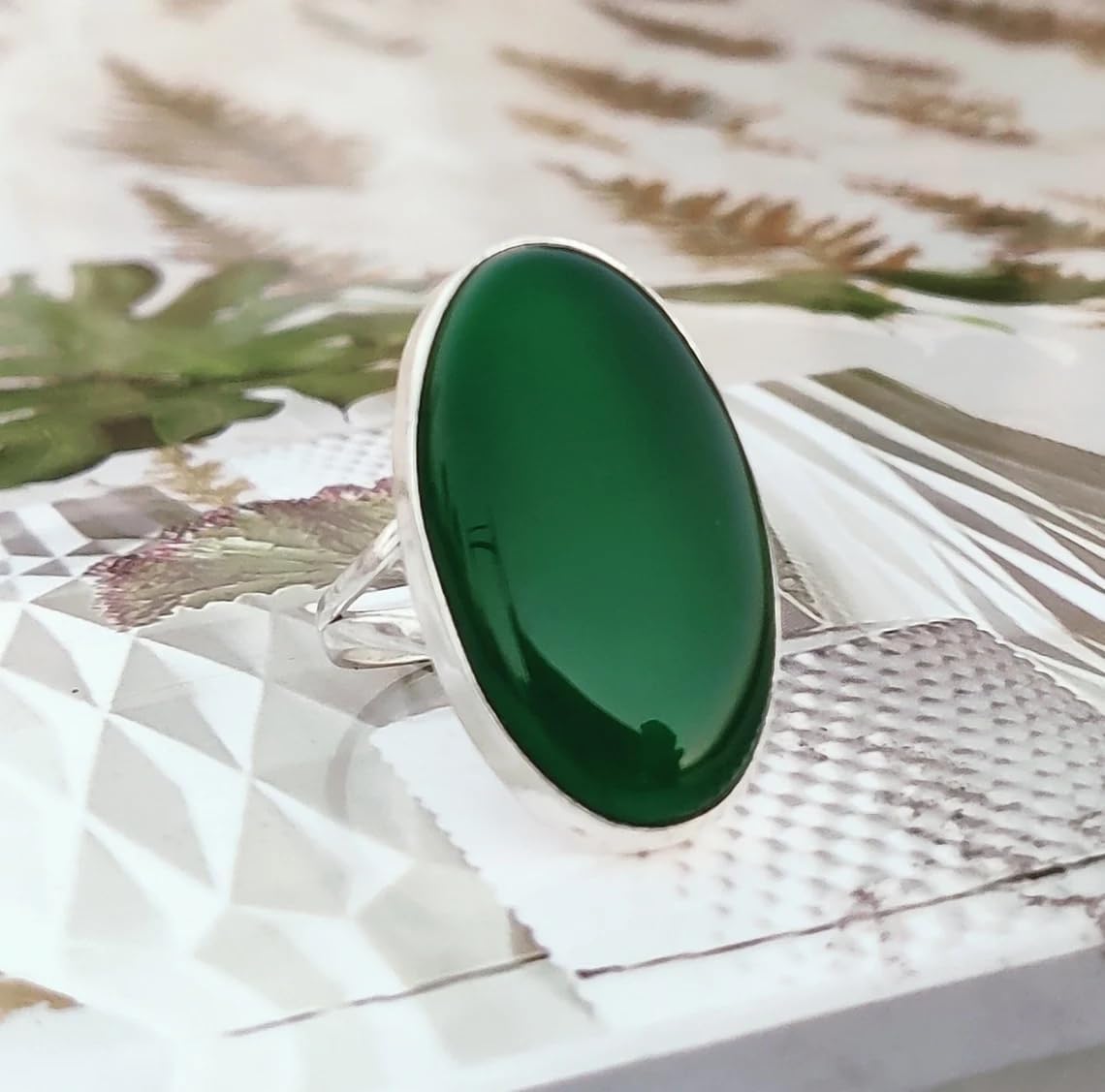 Green Onyx Stone Ring, Handmade 925 Sterling Silver Rings for Women Girls, Natural Gemstone Ring US size 3-15 Solitaire Ring, Big Oval Stone Ring, Birthstone Gift Jewelry for her, Handmade Ring