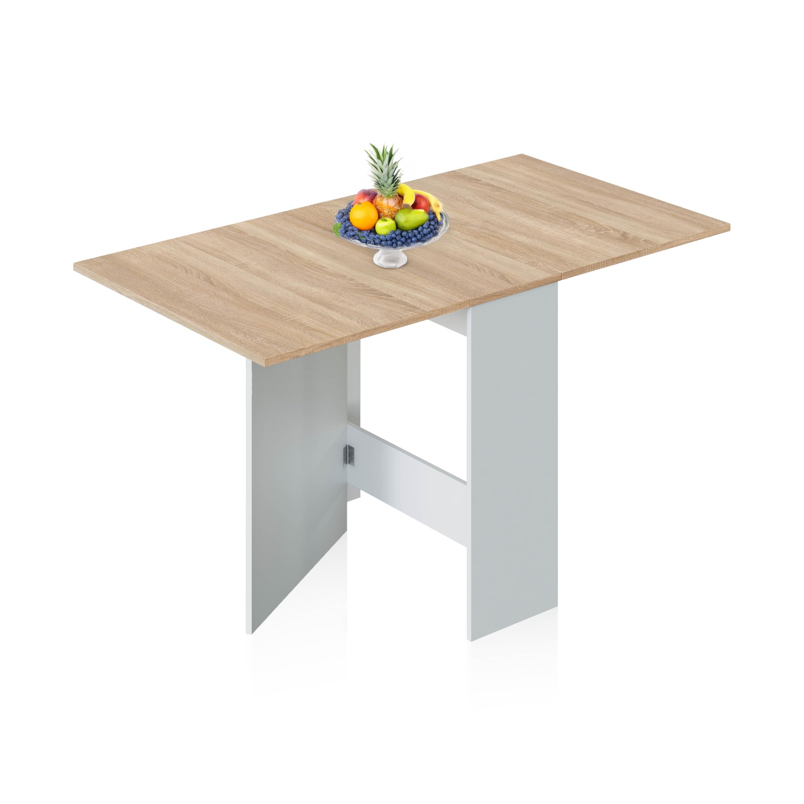 duehome | Mesa Auxiliar con Alas Abatibles, Mesa Cocina, Acabado en Color Blanco Artik y Roble Canadian, Modelo Nolix, Medidas: 77 cm (Largo) x 31-140 cm (Ancho) x 79 cm (Alto)