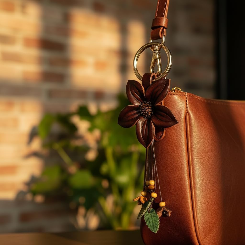 Leather Flower Tassel Leaf Keychain for Purse Bag Charms, Keyring Fob Boho Accessorie for Women
