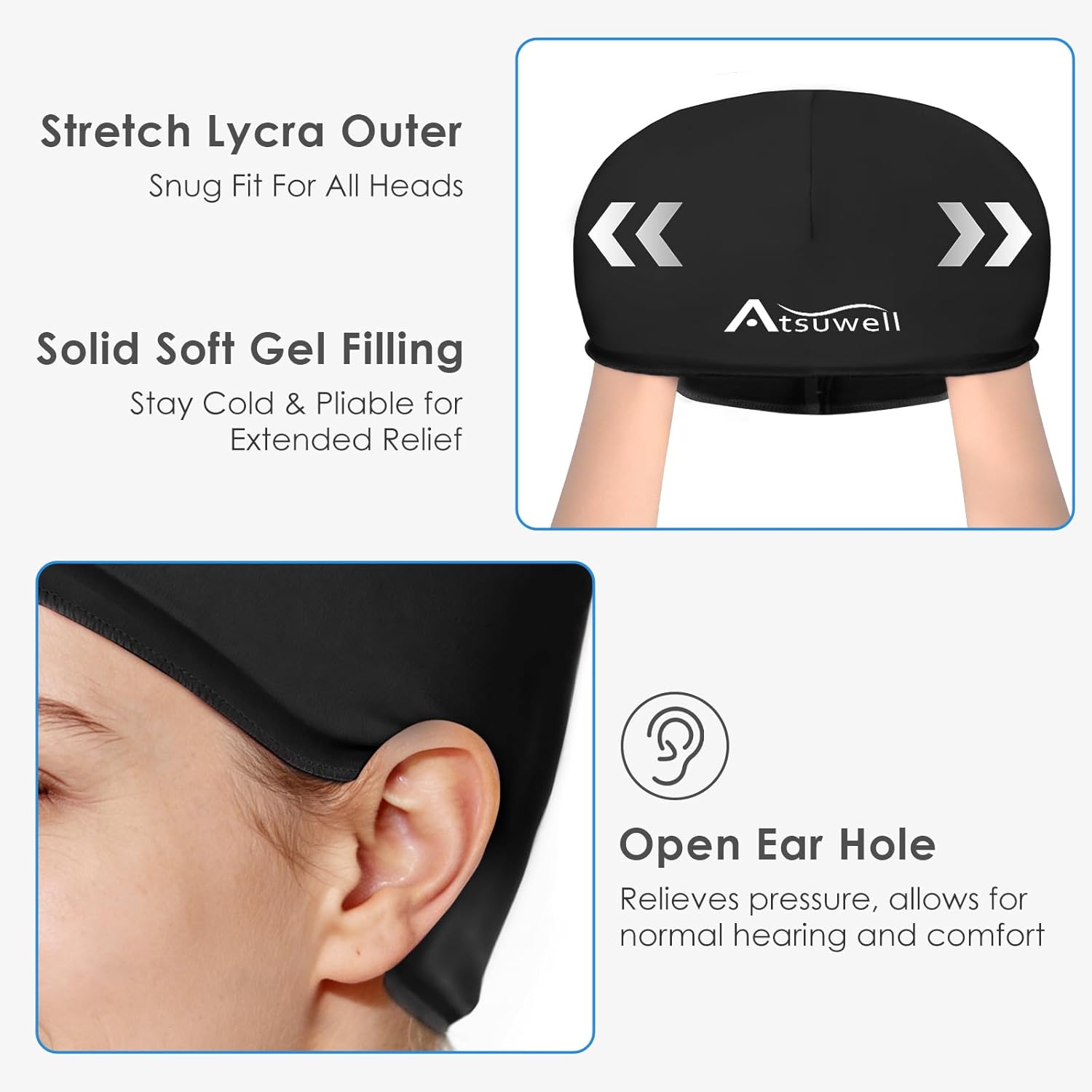 Atsuwell Large Cold Cap for Chemotherapy, Chemo Cooling Cap for Head Discomfort and Stress, Reusable Chemo Head Ice Pack for Women and Men, Black