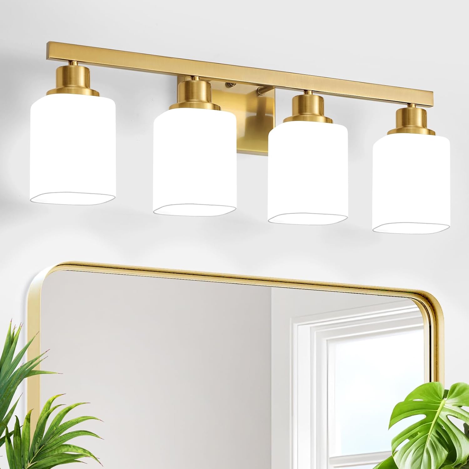 Brushed Gold Bathroom Vanity Light,4-Light Bathroom Light Fixtures with Square Frosted Glass,Gold Bathroom Wall Lamp Sconces for Mirror Bedroom,Living Room Hallway,E26 Gold 4-Light