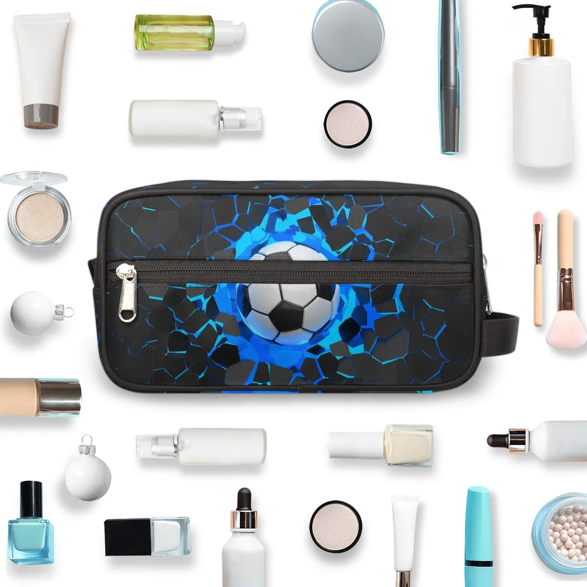 Neceser de viaje para niños y hombres, kit colgante impermeable para afeitar, organizador de cosméticos, bolsa de maquillaje para accesorios de tocador de baño, Fútbol azul 3D, 10.5 x 4.4