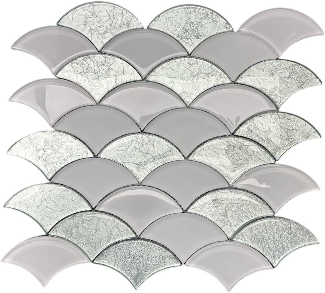 Tenedos Glitter Silver Sky Scallop 12x12 Glass Mosaic Tile for Kitchen Backsplash, Bathroom Shower Wall, Fireplace Surround, Accent Decor (Box of 5 Sheets)