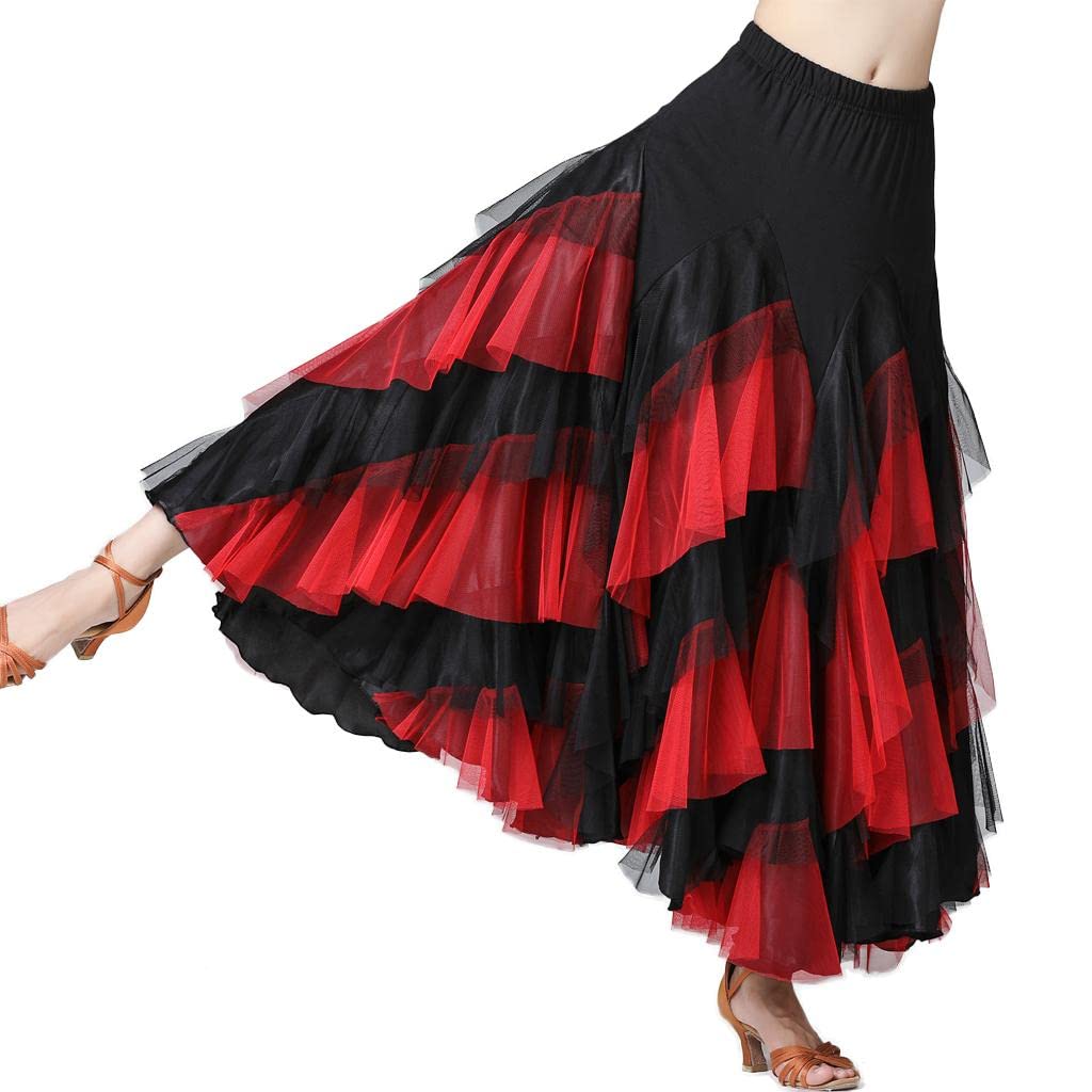 Oshhni Latein Tanzkleid Damen Tanzkostüm Mesh Patchwork Mehrlagiger Tüllrock Cha Cha Kleid Flamenco Skirt Milchseide Bund für Tanzkurs