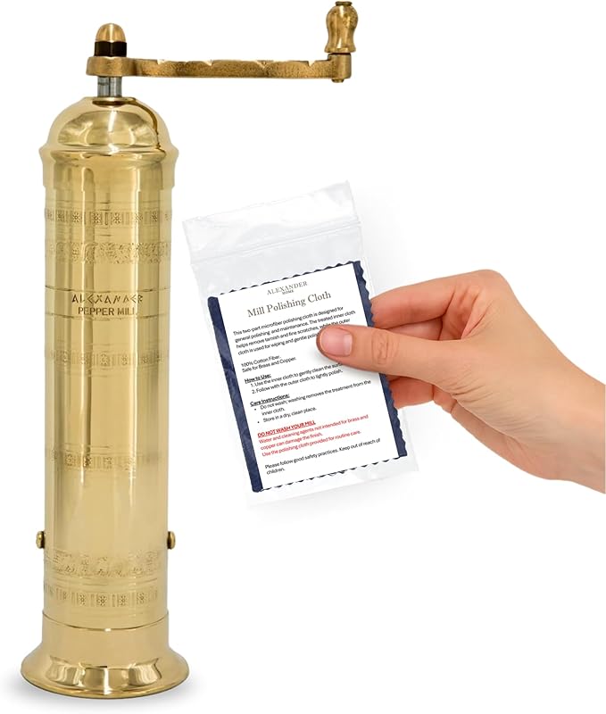 Alexander Home The Original Greek Pepper Mill 10 Inch Tall | European Pepper Mill Grinder with Crank Handle | Manual Pepper Grinder | Peppercorns Refillable - Brass