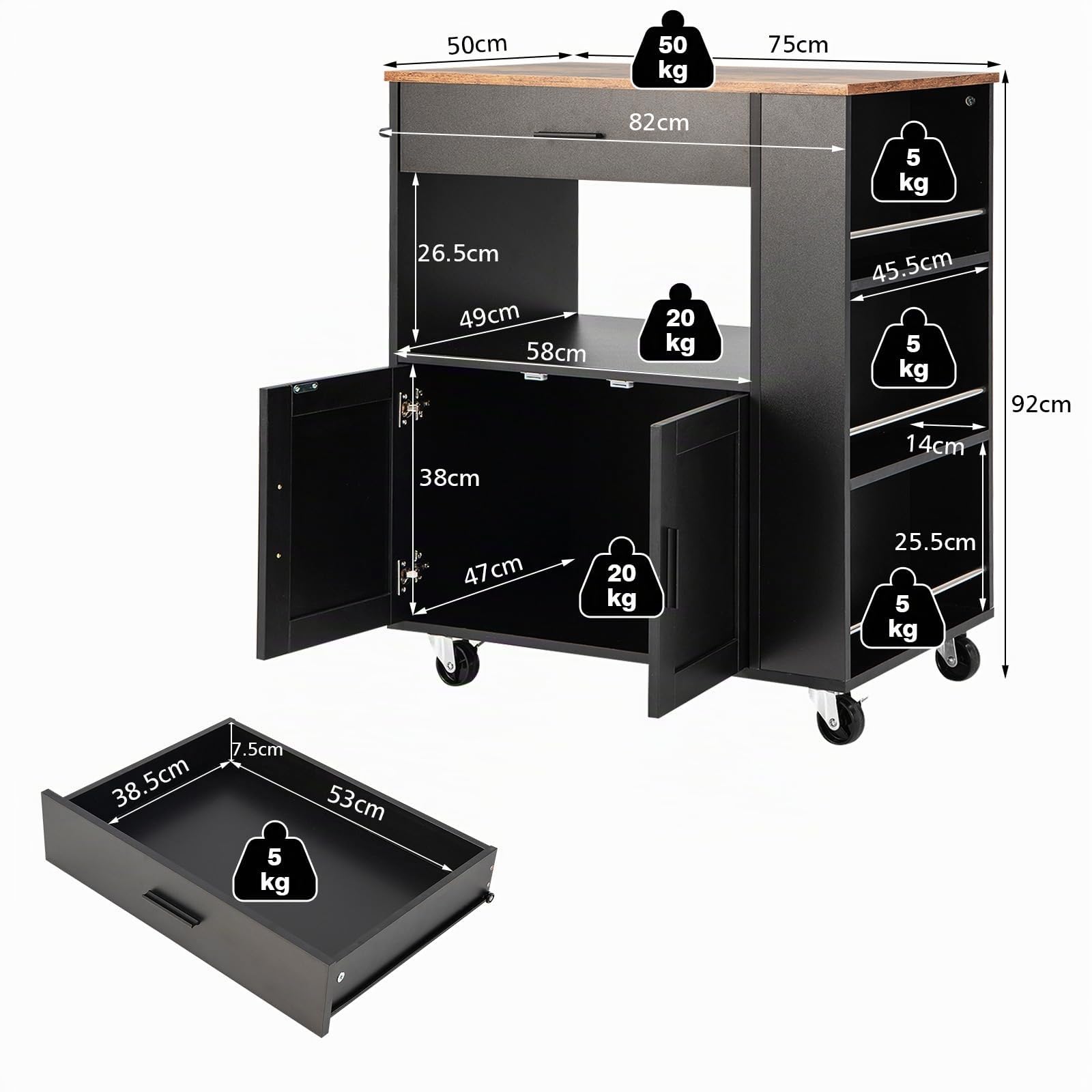 KOMFOTTEU Carrito de Cocina con Ruedas, Carro de Servicio con 3 Estantes Laterales, Armario de Puertas y Cajón, Isla de Almacenamiento con Toallero, Buffet de Comedor, 82 x 50 x 92 cm (Negro)
