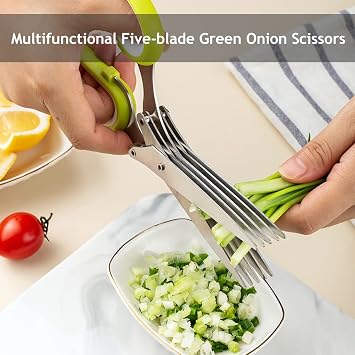 Kitchen Herb Scissors,5 Blade Herb Cutter,Shredding Scissors,Kitchen Herb Shears,Onion Slicer Holder,Stainless Steel Onion Chopper with Lid and Cleanup Brush for Chopping Basil,Chives,Oregano,Rosemary