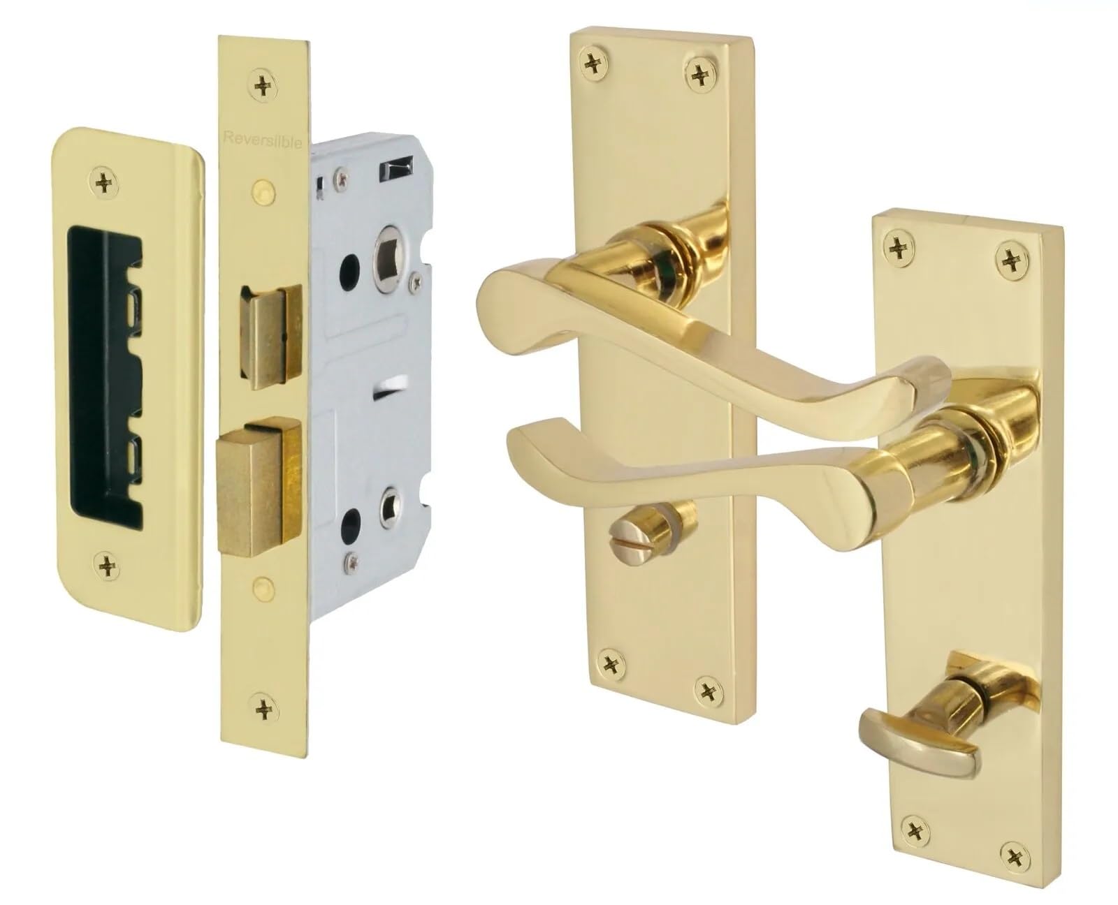 Locks and Screws Victorian Scroll Polished Brass Bathroom Door Handles & 64mm Bathroom Lock Set Polished Brass Finish