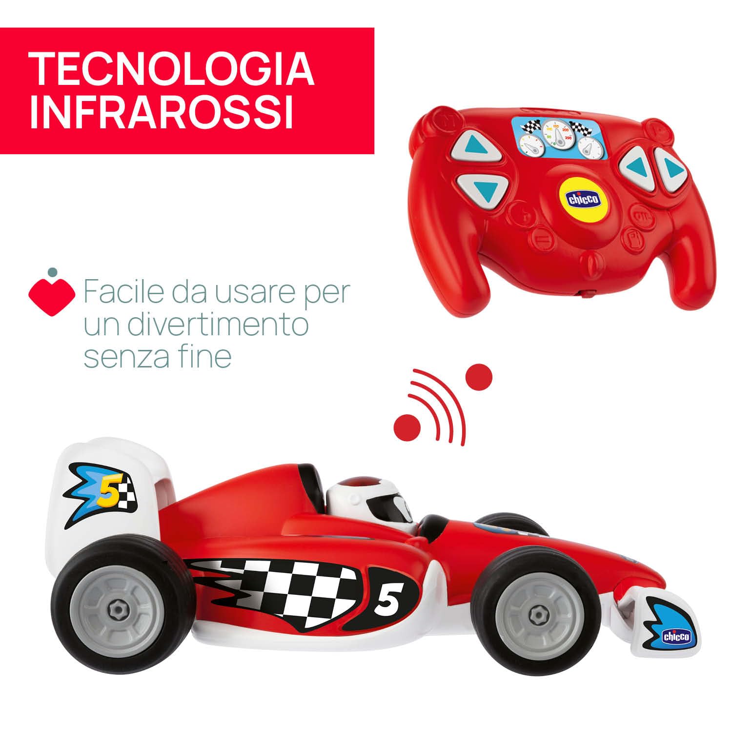 Chicco Tom Race RC, Macchinina Telecomandata, Design Sportivo, Telecomando Ergonomico e Intuitivo a Infrarossi, 4 Pulsanti Interattivi Direzionali, Suoni Reali Auto da Corsa, Giochi Bambini 2-6 Anni