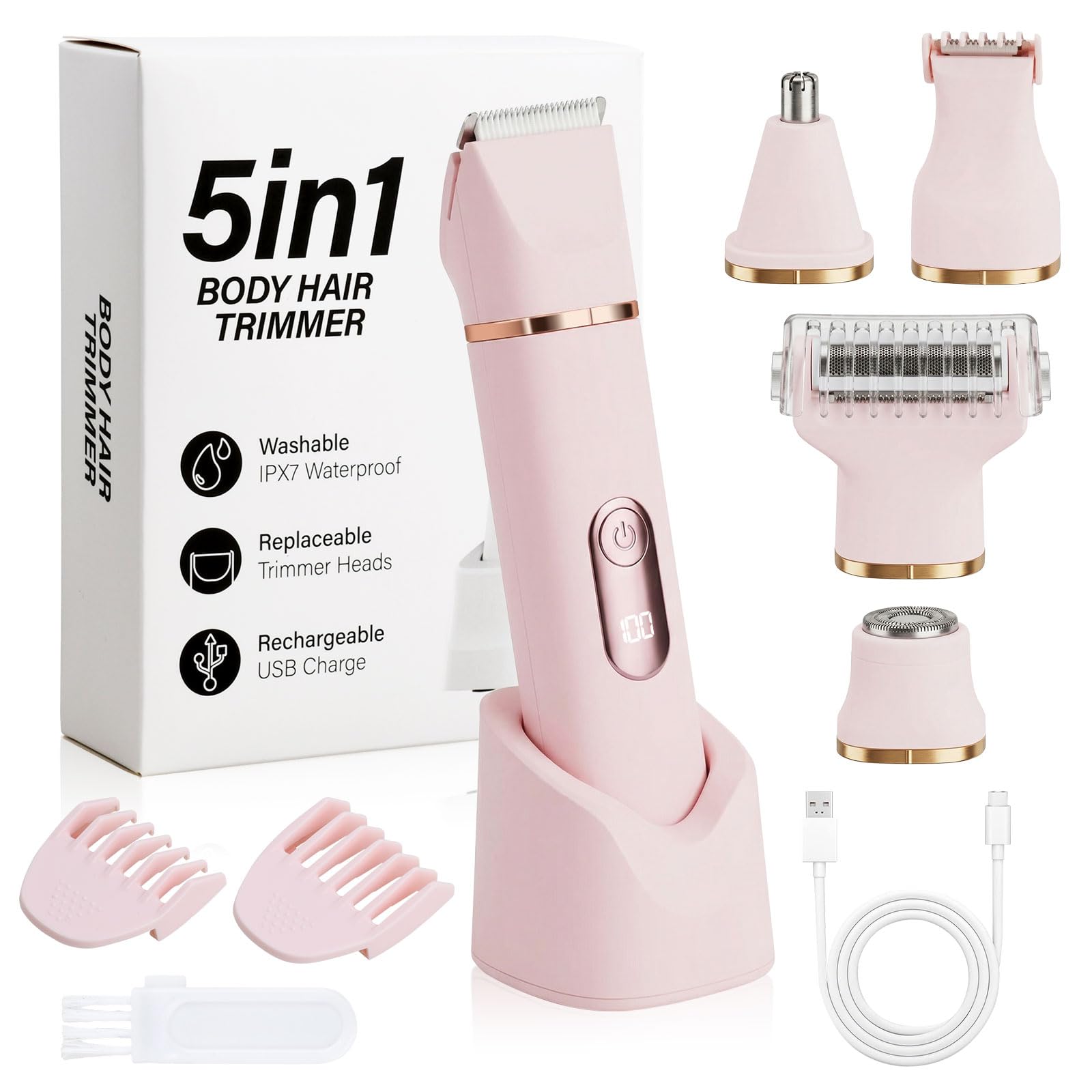 Afeitadora Mujer, 5 en 1 Maquinilla de Afeitar para Mujer, Rasuradora Mujer zona Intima y Corporal, Recortadora Femenina Intima Impermeable IPX7, Uso Seco/Mojado, para Bikini Corp Cara Nariz