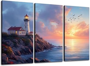 Large Canvas Wall Art 3 Pcs Beach Lighthouses Blue Ocean Landscape Seascape Lighthouse Rocky Cliff Canvas Art Prints Pictures Framed Artwork Poster Wall Decor for Living Room Bedroom 32x48 In