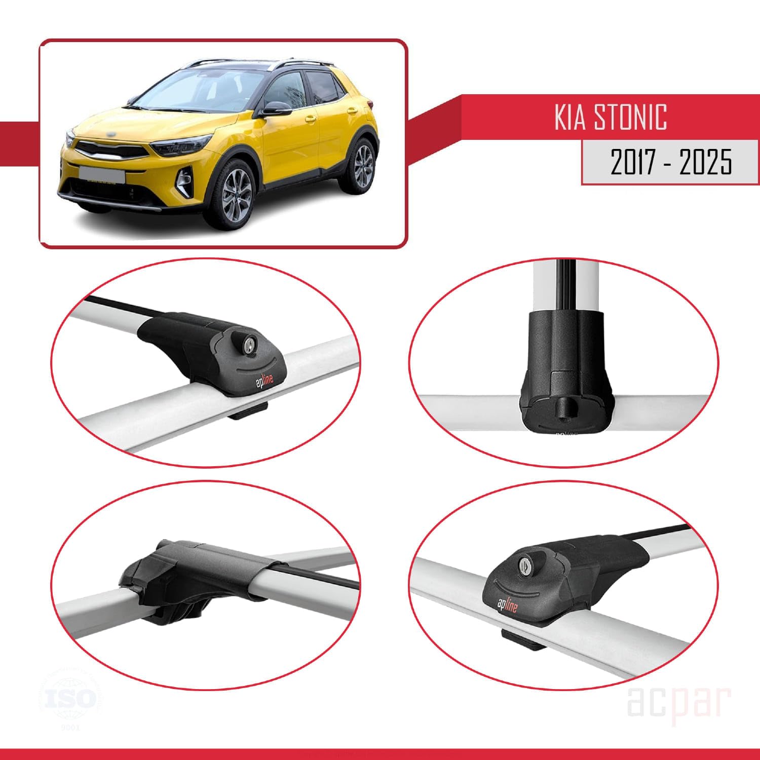 Compatible con Kia Stonic 2017-2026 Modelo Ace-1 Barra de Techo Auto Portaequipajes Barras Transversales Gris Aluminio 2 Barras