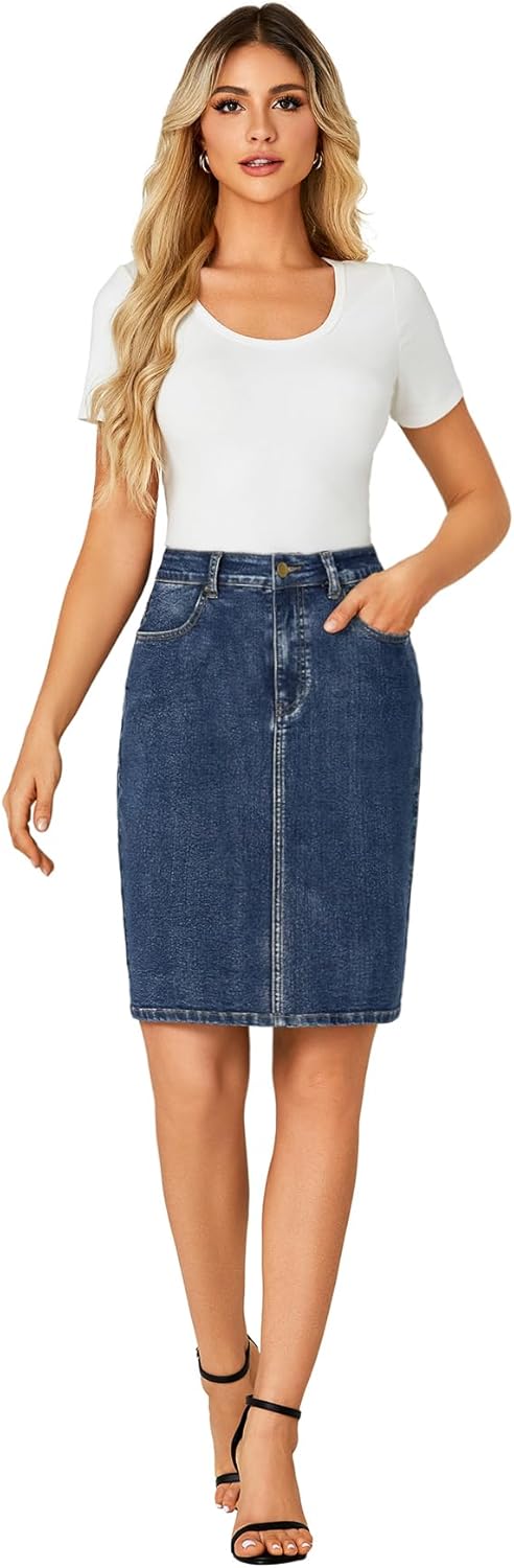OPOIPIN Women's Casual Stretch High Waist Back Slit Denim Jean Knee Length Skirt - Image 6