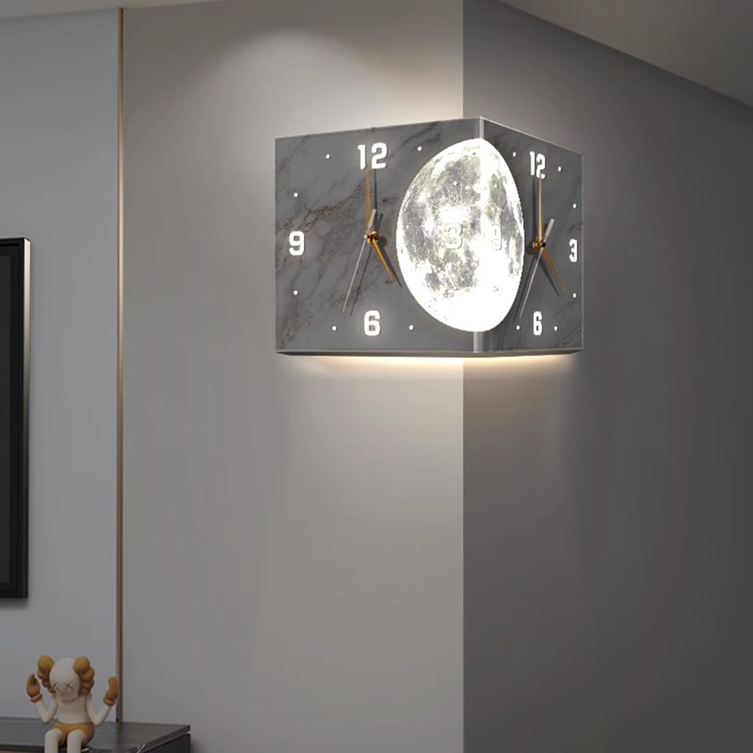 Horloge murale d'angle double face LED sans fil pour chambre