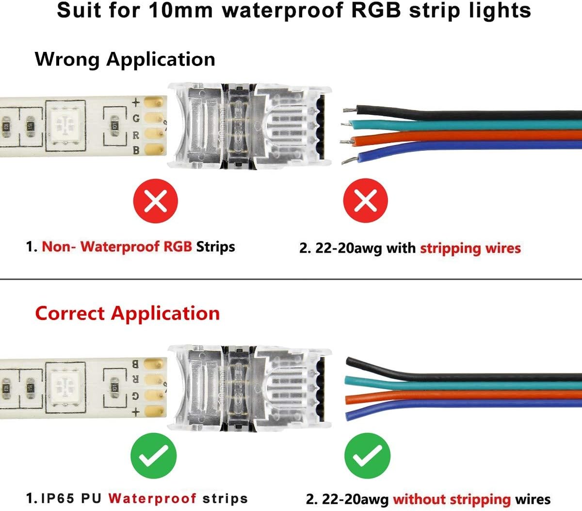 BZONE 10 Pack LED Strip Connector 4 Pin with 16.4FT Extension Cable for Waterproof 10mm Wide 5050 RGB LED Strip Lights, Strip to Wire Quick Connection, 22-20 AWG