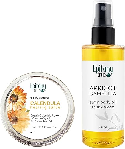 Caléndula Salve 2 onzas, bálsamo calmante para la piel seca, alivio de picazón de insectos, aceite corporal satinado de albaricoque y camelia, 4
