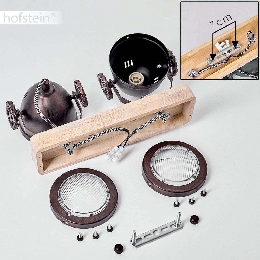 Lámpara de techo Herford, lámpara de techo regulable de metal/madera/cristal en marrón/cobre/naturaleza, 2 luces, 2 x casquillo GU10, foco orientable y abatible en diseño retro, sin bombilla(s)
