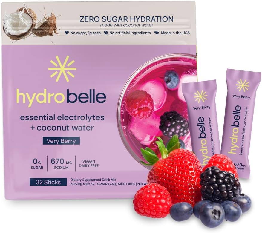 Belle HydroBelle Electrolyte Powder Drink Mix, Very Berry, Sugar Free Hydration Packets Made with Coconut Water and Electrolytes, Vegan, Keto, and Dairy Free, Travel Friendly, 32 Count