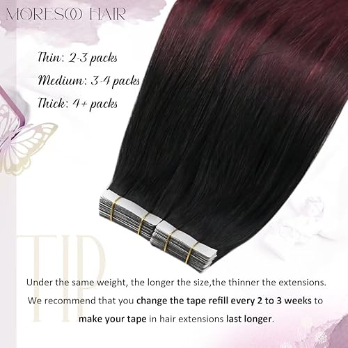Miniatura 3 de Moresoo Extensiones de cabello humano con cinta adhesiva, color negro a rojo vino, extensiones de cabello humano real color burdeos, extensiones de