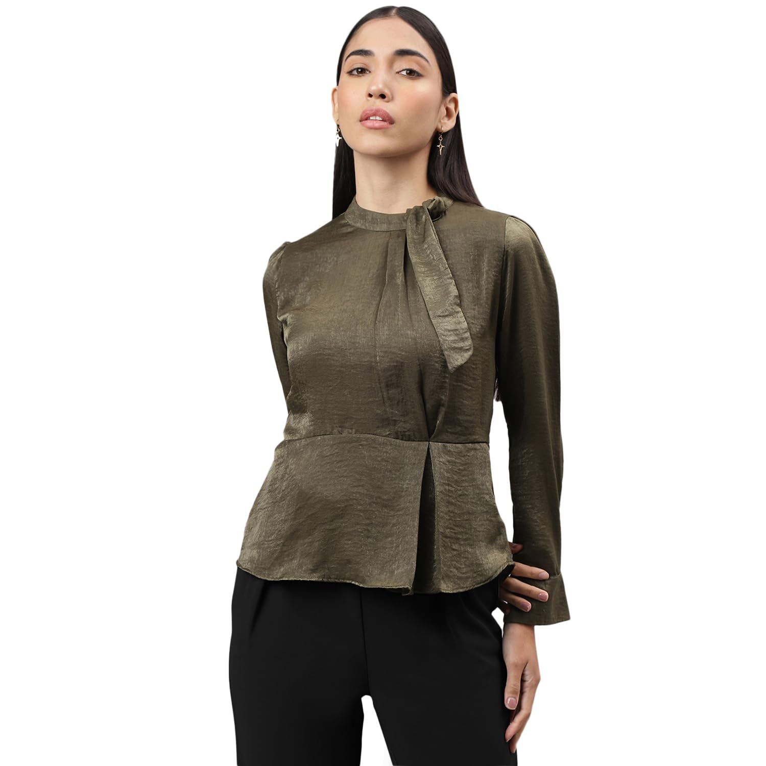 Latin Quarters Women Green Full Sleeve Tie-Up Neck Solid Top-image-36