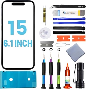 for iPhone 15 Screen Replacement, Glass Replacement for iPhone 15 6.1 inch, Screen Repair Kit with Waterproof Adhesive(NO OLED & Touch Digitizer)