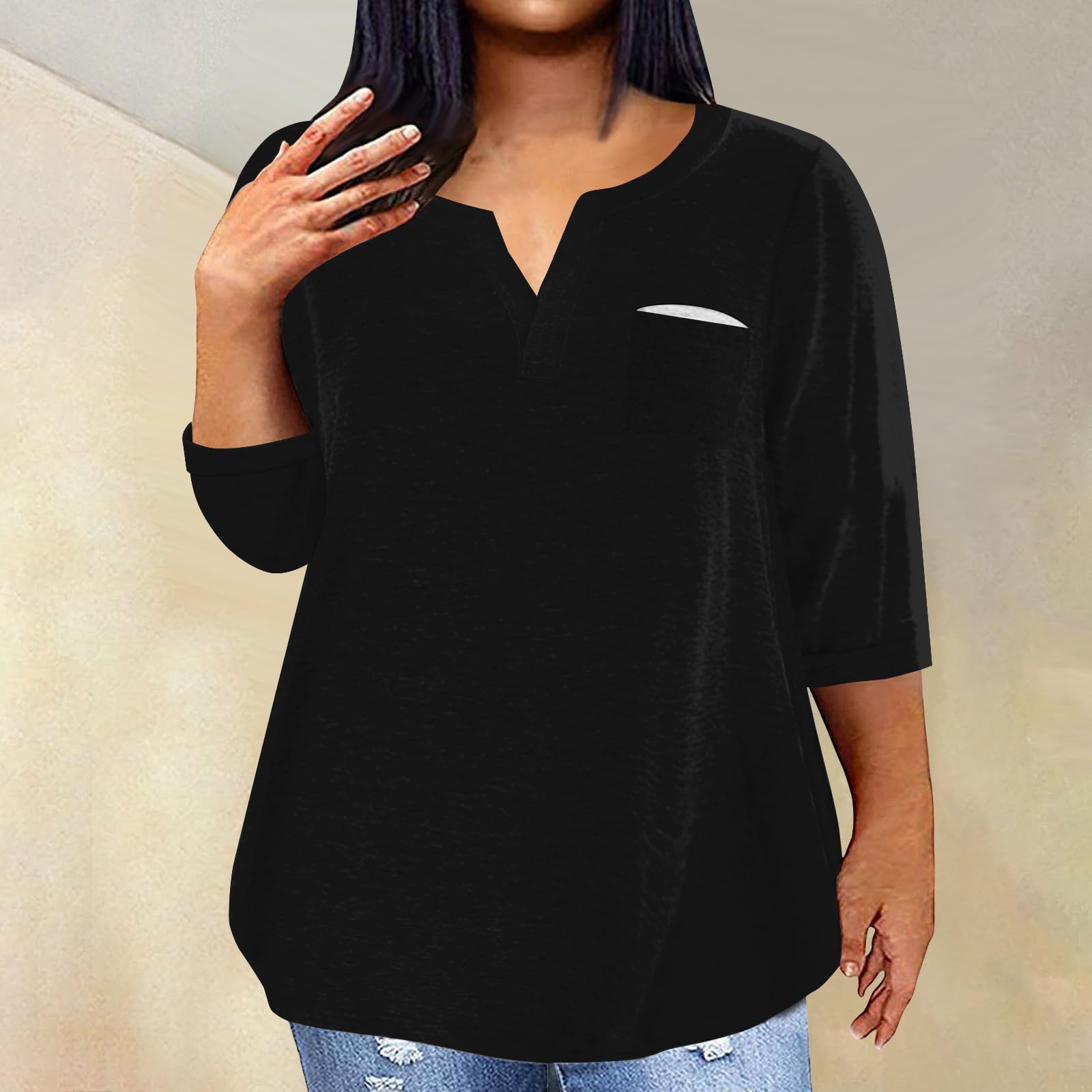 slqdgmryz 3/4 Sleeve Shirts for Women Plus Size Tops for Women Casual Notched V Neck T Shirts Half Sleeve Loose Fit Solid Tunics Or Tops to Wear with Leggings Shirts for Women Trendy Spring