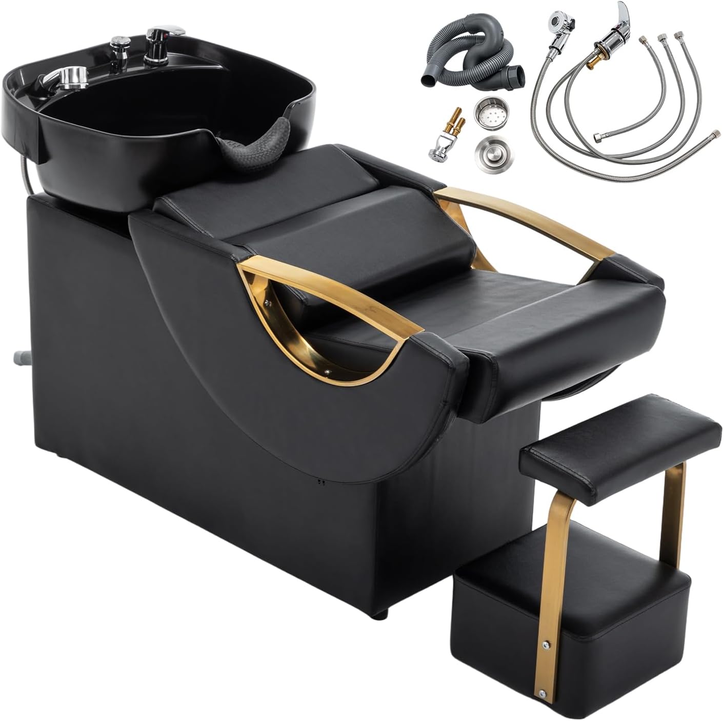Shampoo Bowl and Chair Set for Salon, Black Gold Backwash Station