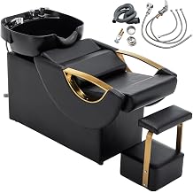 Black and Gold Salon Shampoo Bowl and Chair - Reclining Shampoo Sink Chair with Footrest for Salon, Hair Washing Station with Deep ABS Basin & Neck Rest for Spa Beauty Stylist