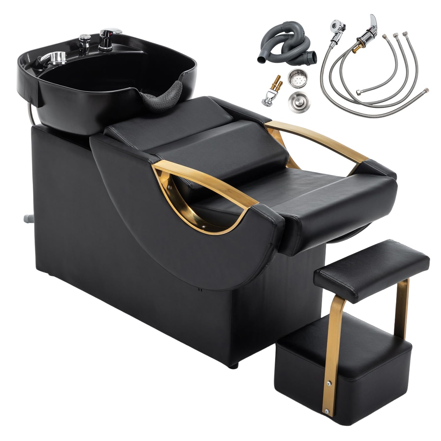 Shampoo Bowl and Chair Set for Salon, Black Gold Backwash Station
