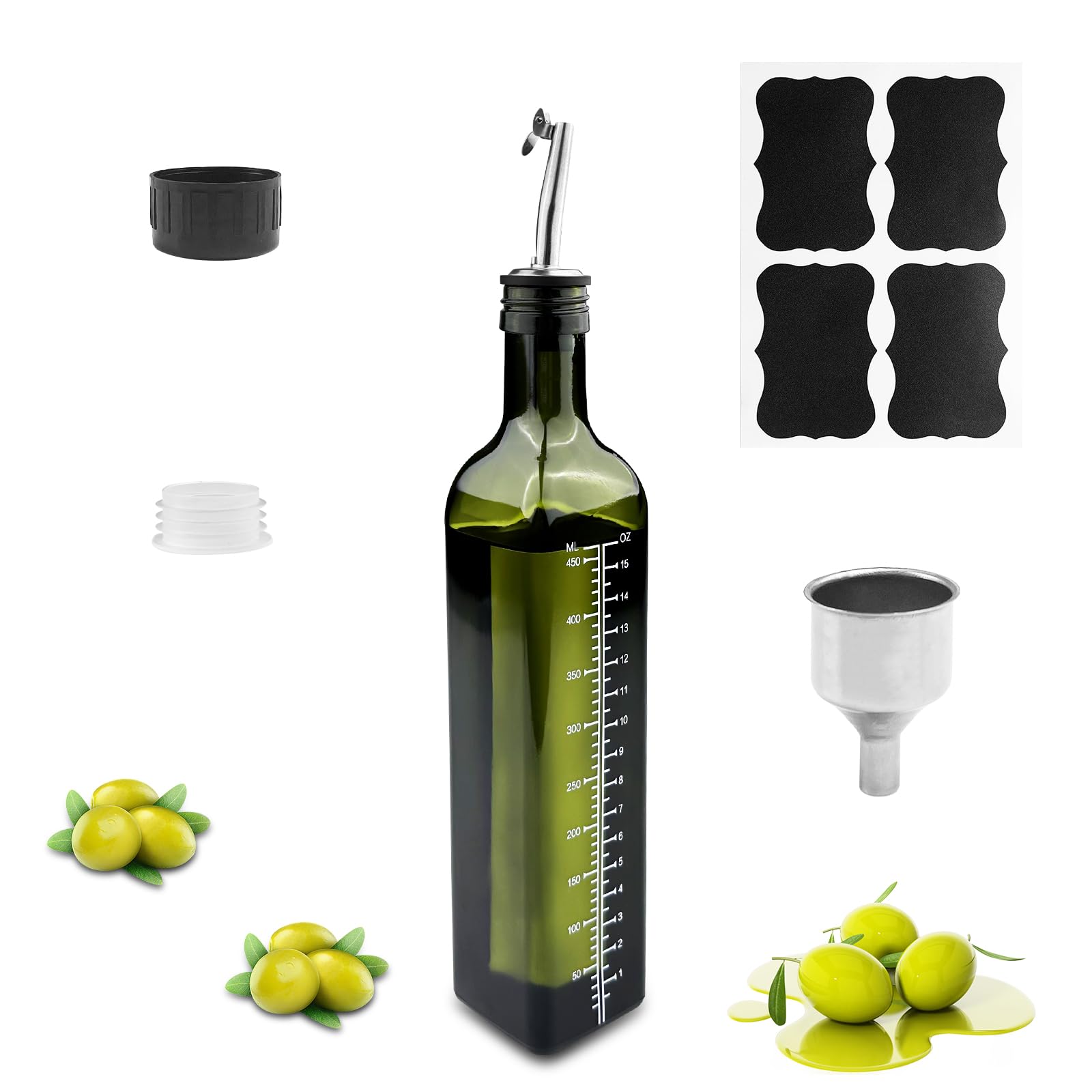Gvolatee Dark Green Olive Oil Dispenser, 500 ml, Glass, Square, Flip Top, Pressure Nozzle, Ideal for Cooking, Seasoning Food, Outdoor Events, Table Decoration