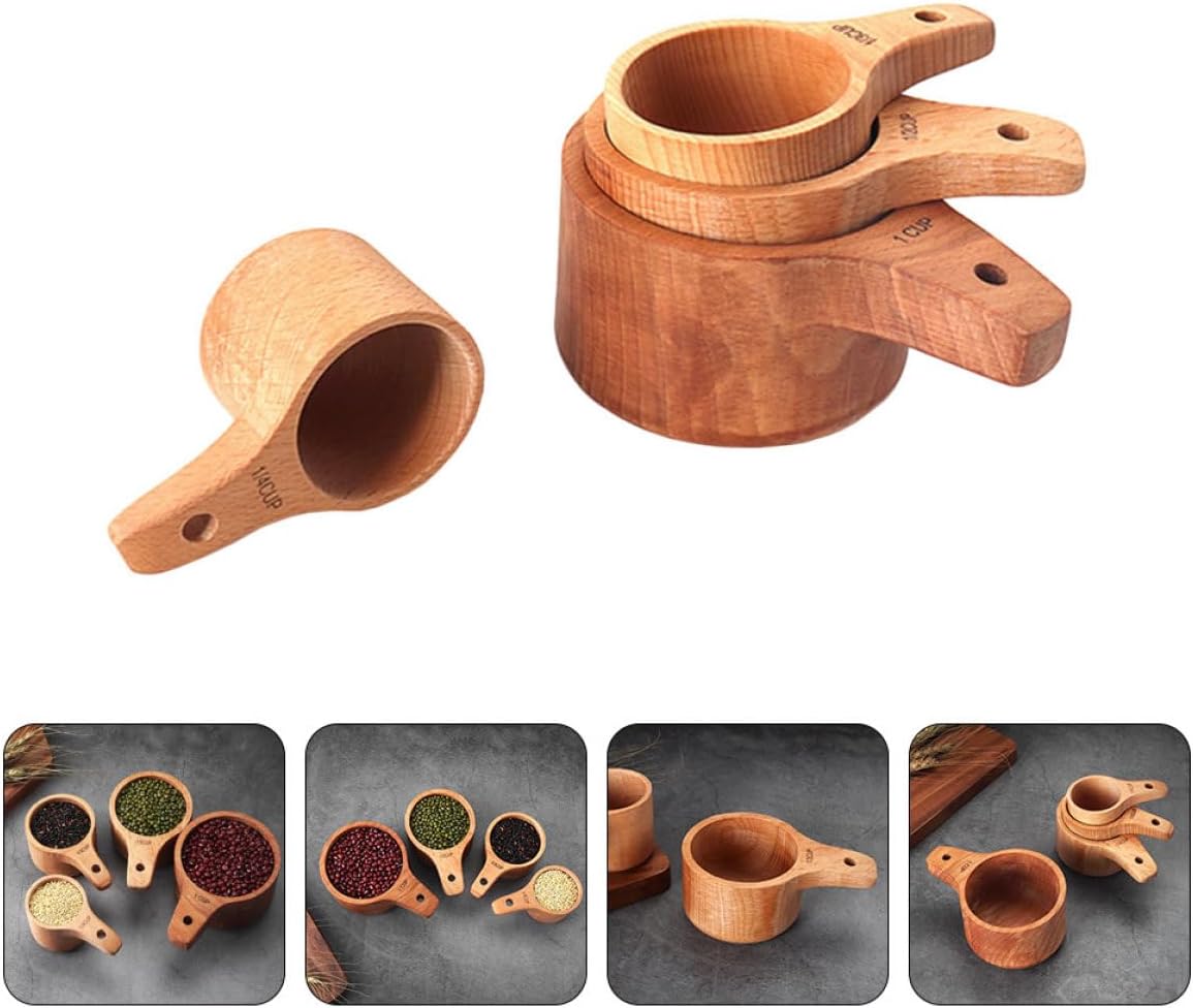 Measuring Cups and Spoons Set 4pcs Beech Wood Baking Tool Coffee Measuring Supplies Reusable Scale Design Multi-Use Kitchen Utensils for Home Cooking