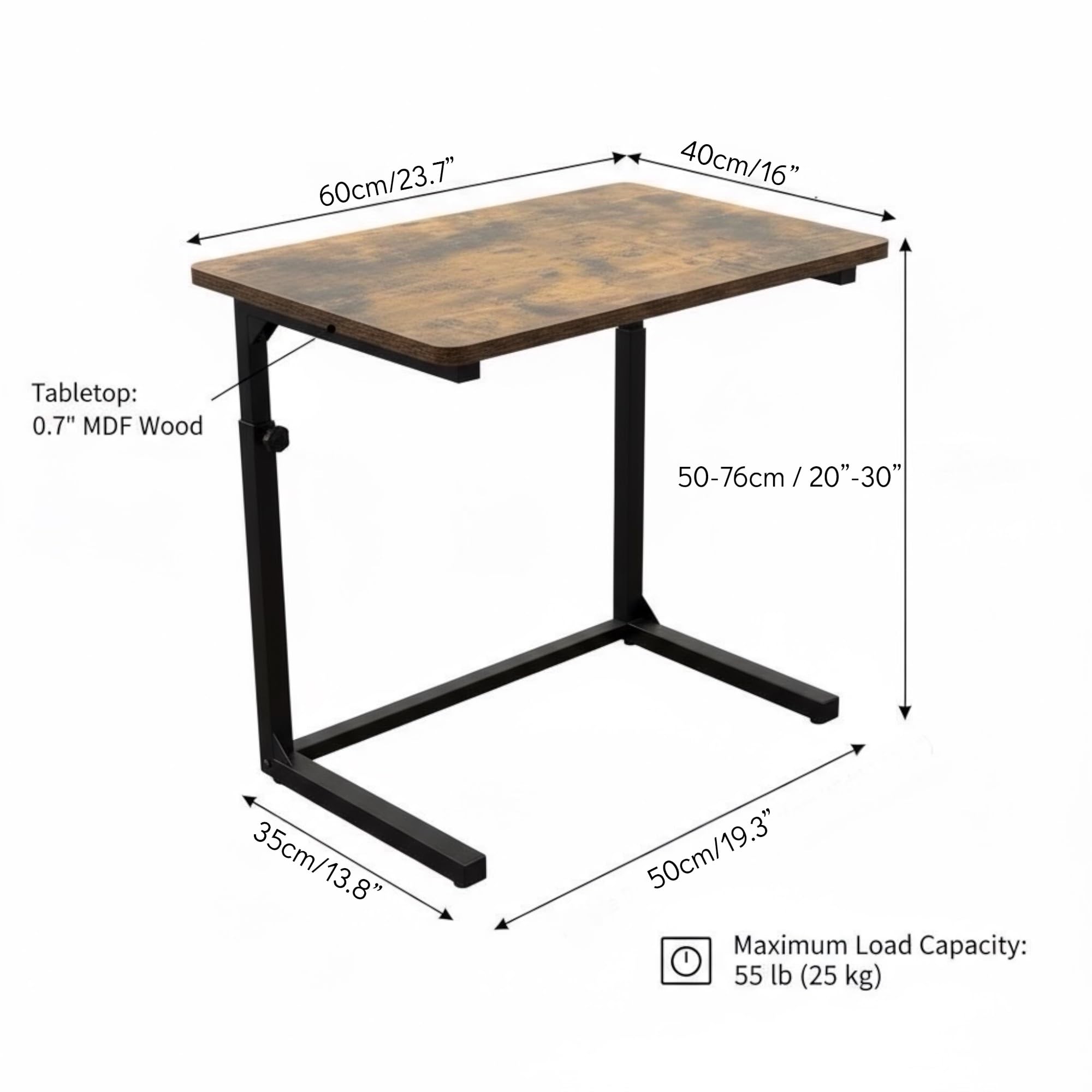 Mesa Auxiliar C en C de Sofá Ajustable en Altura, Mesa para Portátil para Sofá y Cama, Marrón Rústico