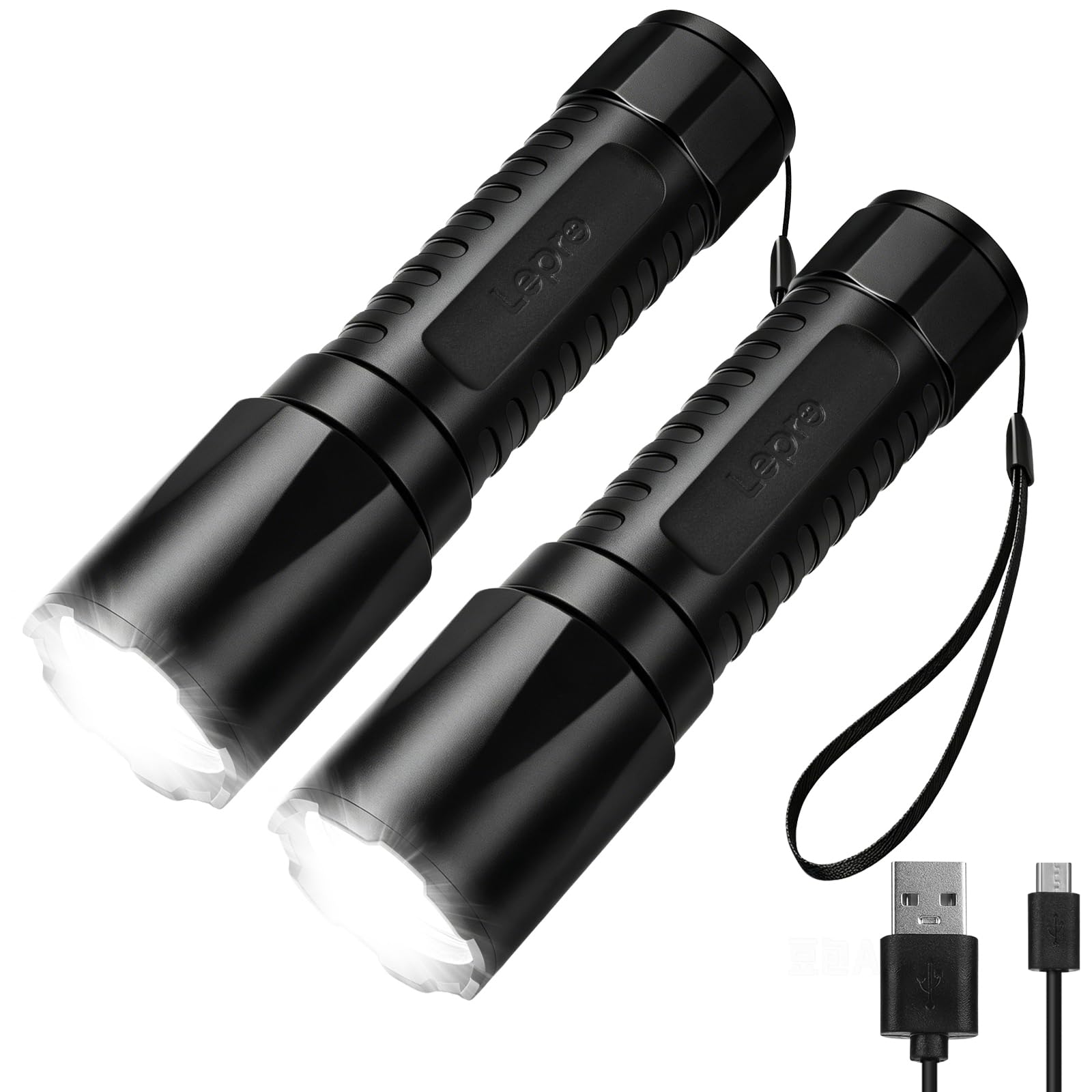 Lepro Torch Rechargeable 2 Pack, Torches LED Super Bright with 5 Modes & Memory Function, Small Flashlight for Camping, Hiking, Power Cuts, Dogs Walking or Emergencies