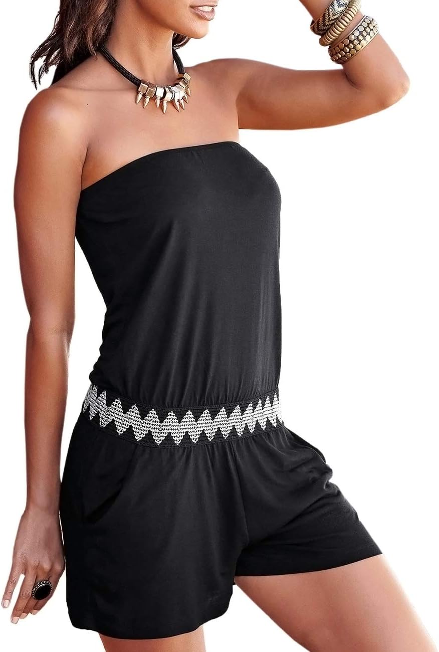 Sexyshine Women's Strapless Off Shoulder Waist Printed Beachwear Short Rompers Jumpsuits