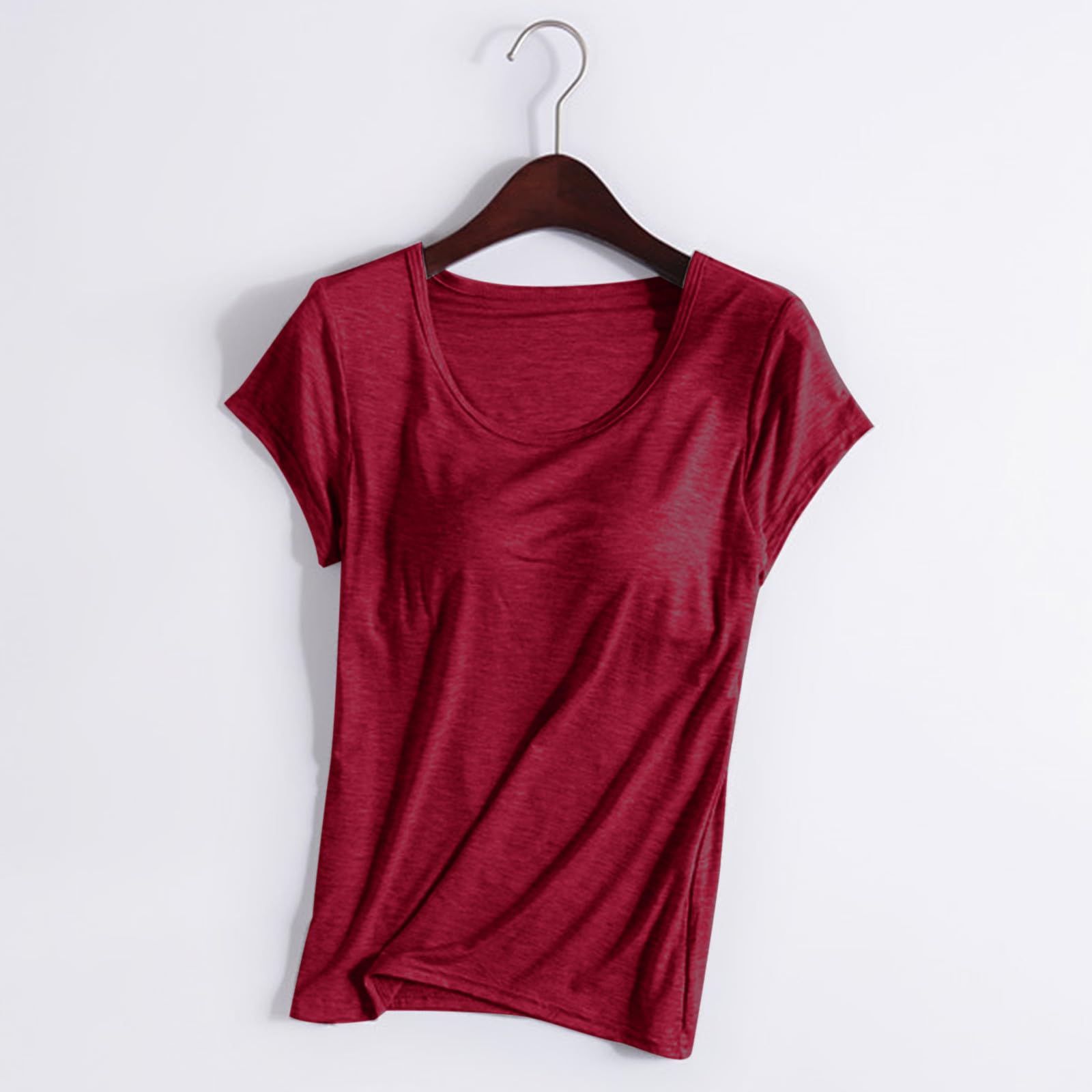 Womens Shirts with Built in Bra Short Sleeve Shirts Summer Casual Athletic Workout Yoga Shelf Bra Padded T Shirts Tops - 3